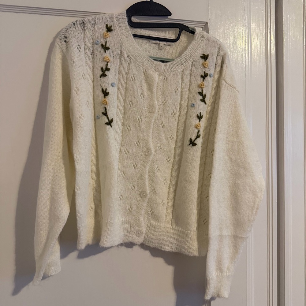 NWOT Embroidered Cream Cable-Knit Women’s Sweater